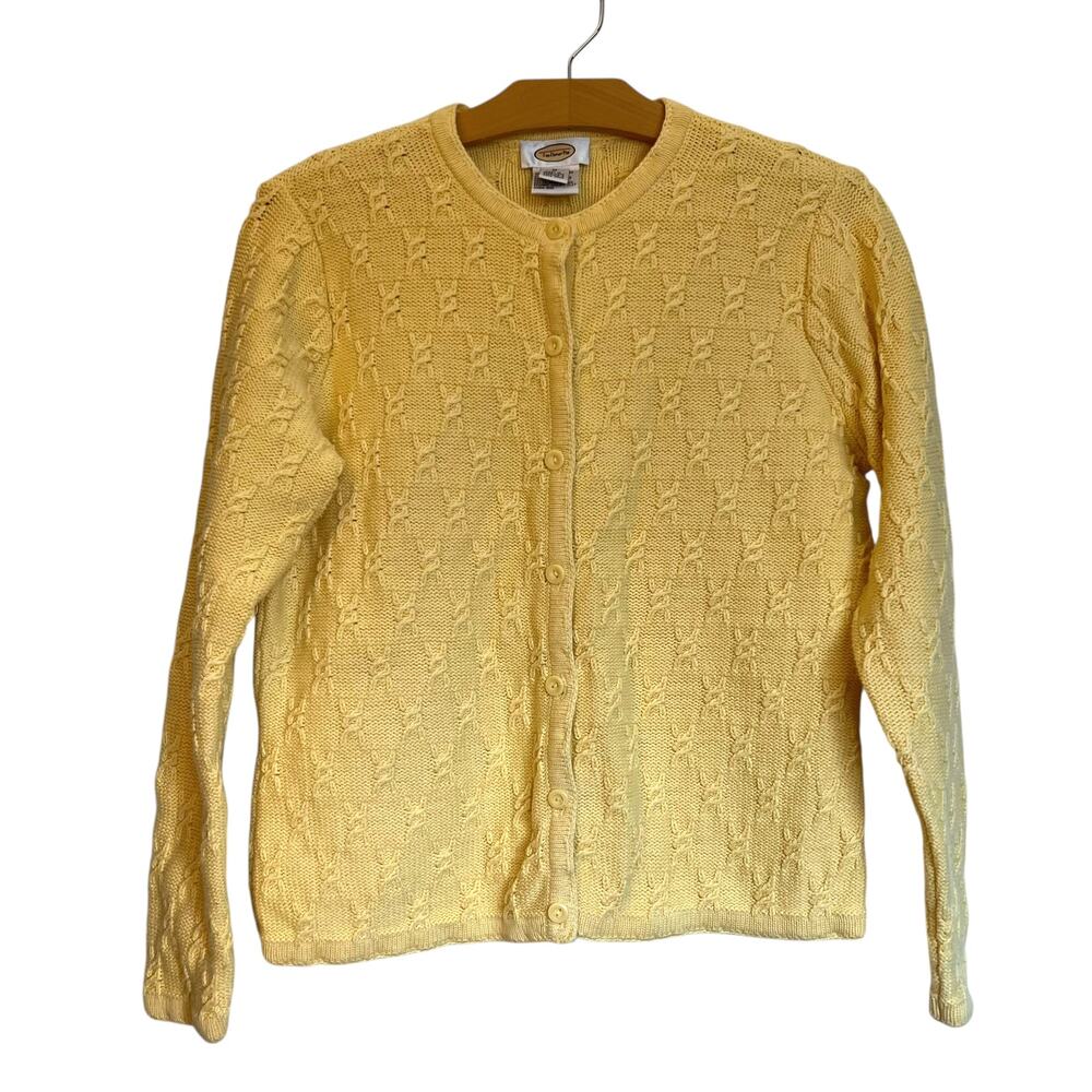 Vintage Talbots Butter Yellow Cableknit Button Up Cardigan Sweater Fisherman M